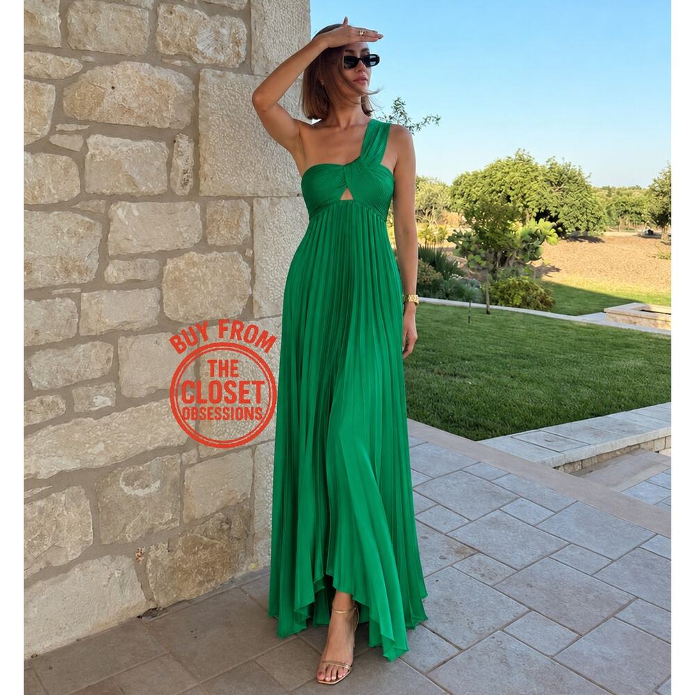Mango NWT Emerald Green One Shoulder Pleated Maxi Dress 6 8 10 - Picture 5 of 16